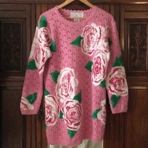 Adrienne Vittadini Sport Pink Floral Rose Pointelle Sweater Tunic M Vintage 90’s